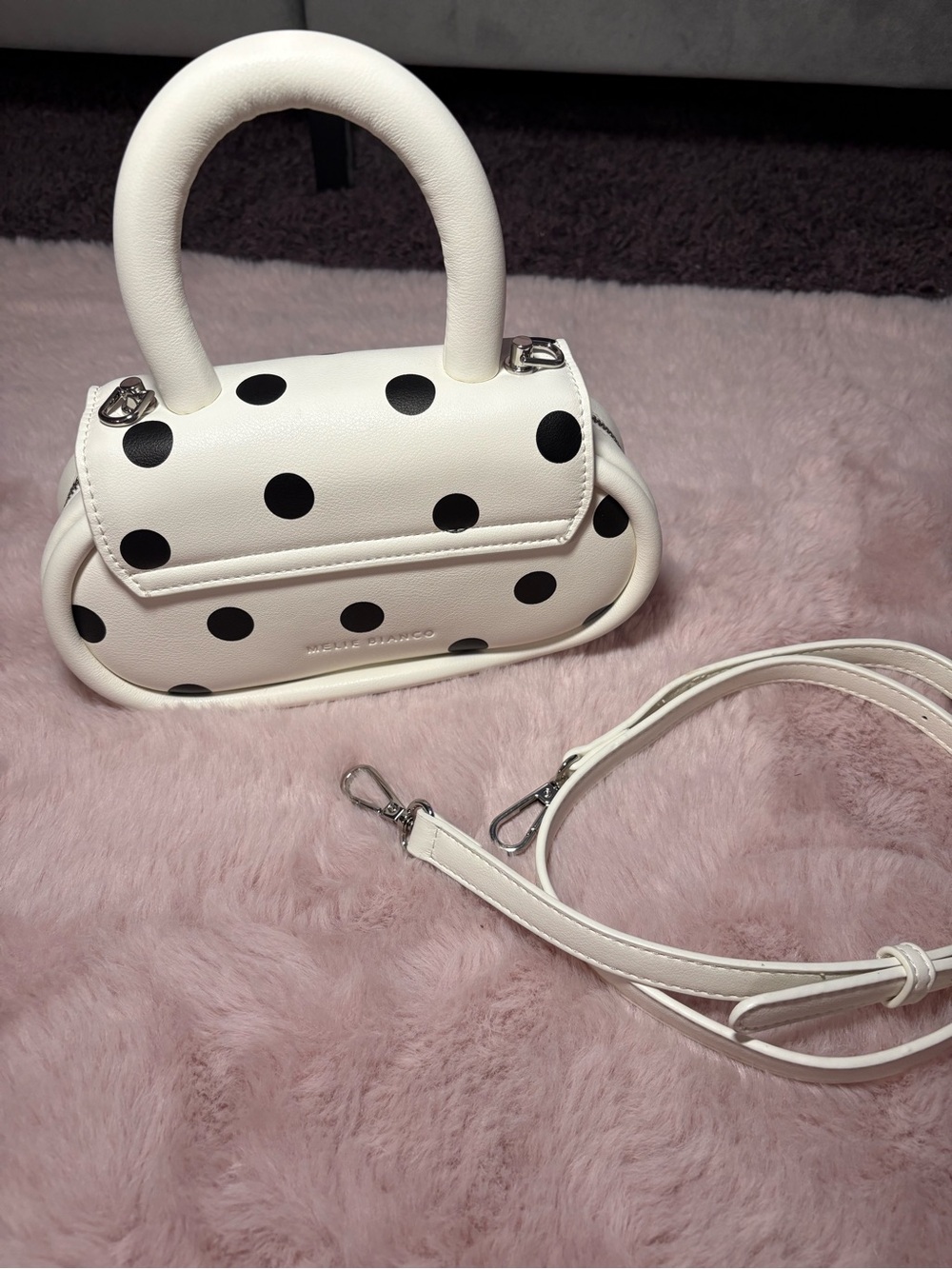 Melie Bianco polka dot top handle bag- Black and White - Picture 2 of 5